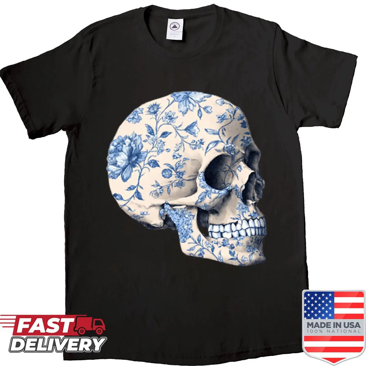 Floral skull design on a vintage oversized shirt