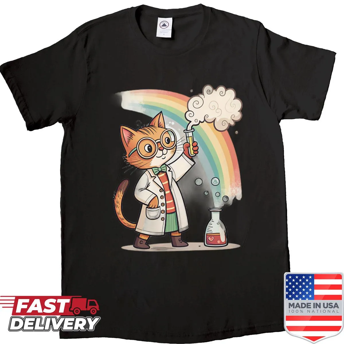 Oversized shirt with a cartoon cat wearing round glasses