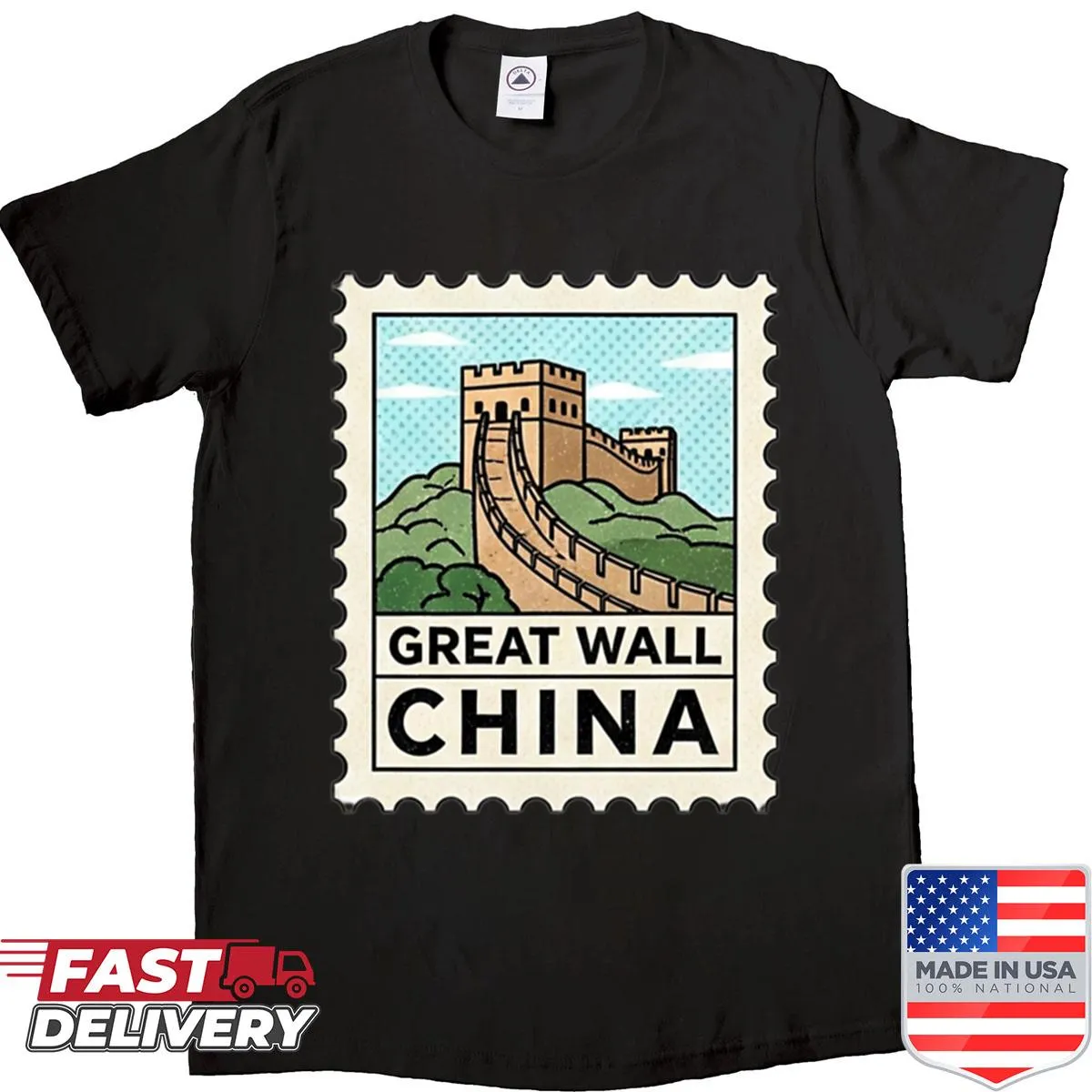 Oversized shirt featuring vintage Chinese postage stamp design