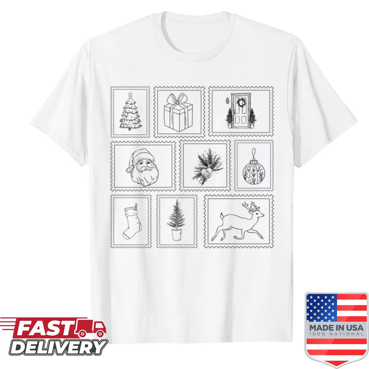 Vintage Christmas stamps illustrated shirt for the holiday season