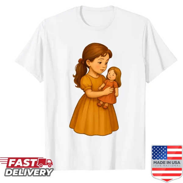 Nostalgic shirt featuring vintage illustration of girl with doll