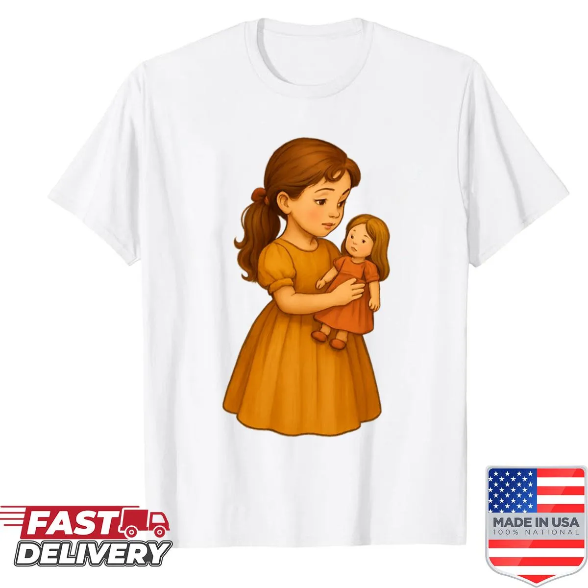 Nostalgic shirt featuring vintage illustration of girl with doll