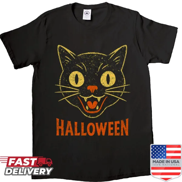 Cute Halloween shirt featuring a vintage black cat face graphic