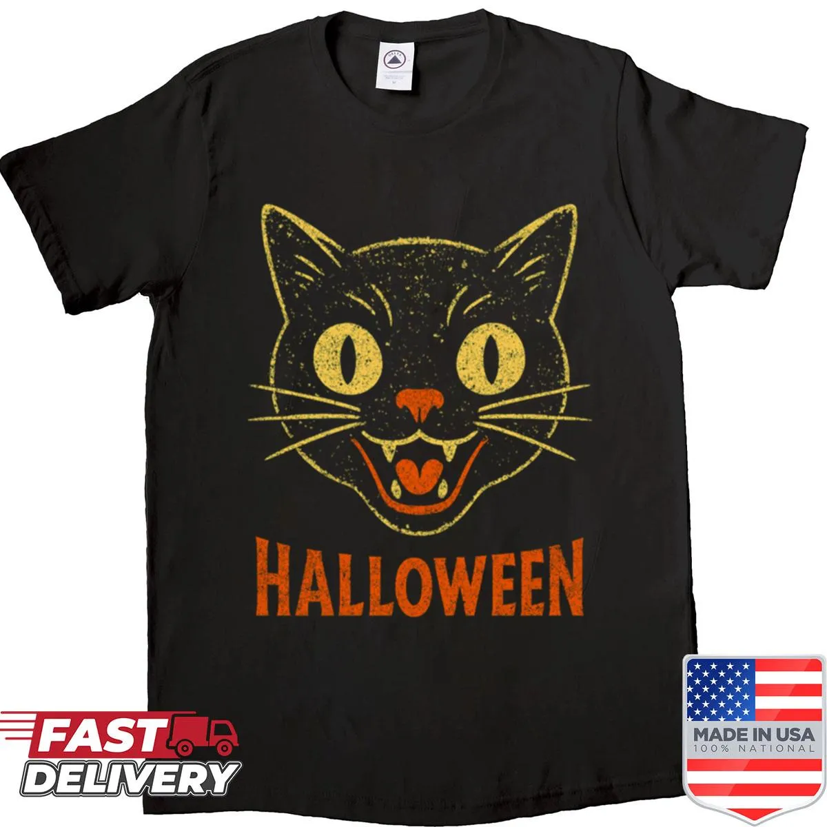 Cute Halloween shirt featuring a vintage black cat face graphic