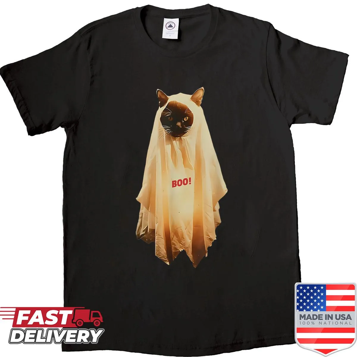 Cute Halloween shirt with ghost kitten and meme graphic.