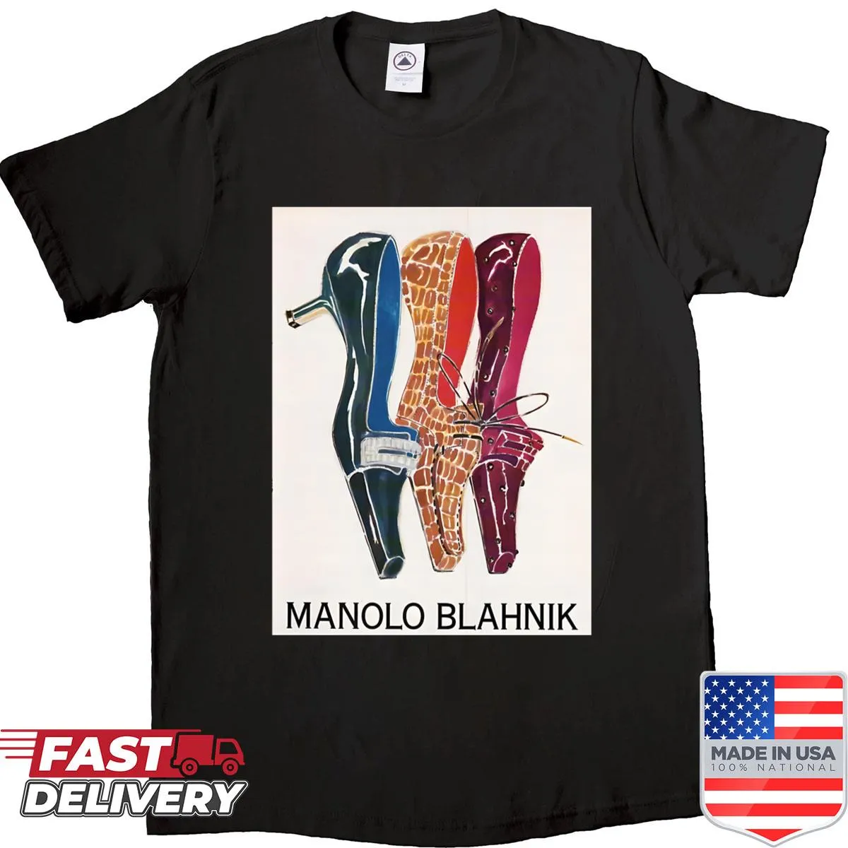 Vintage design featuring heels and magazine advert on a t-shirt