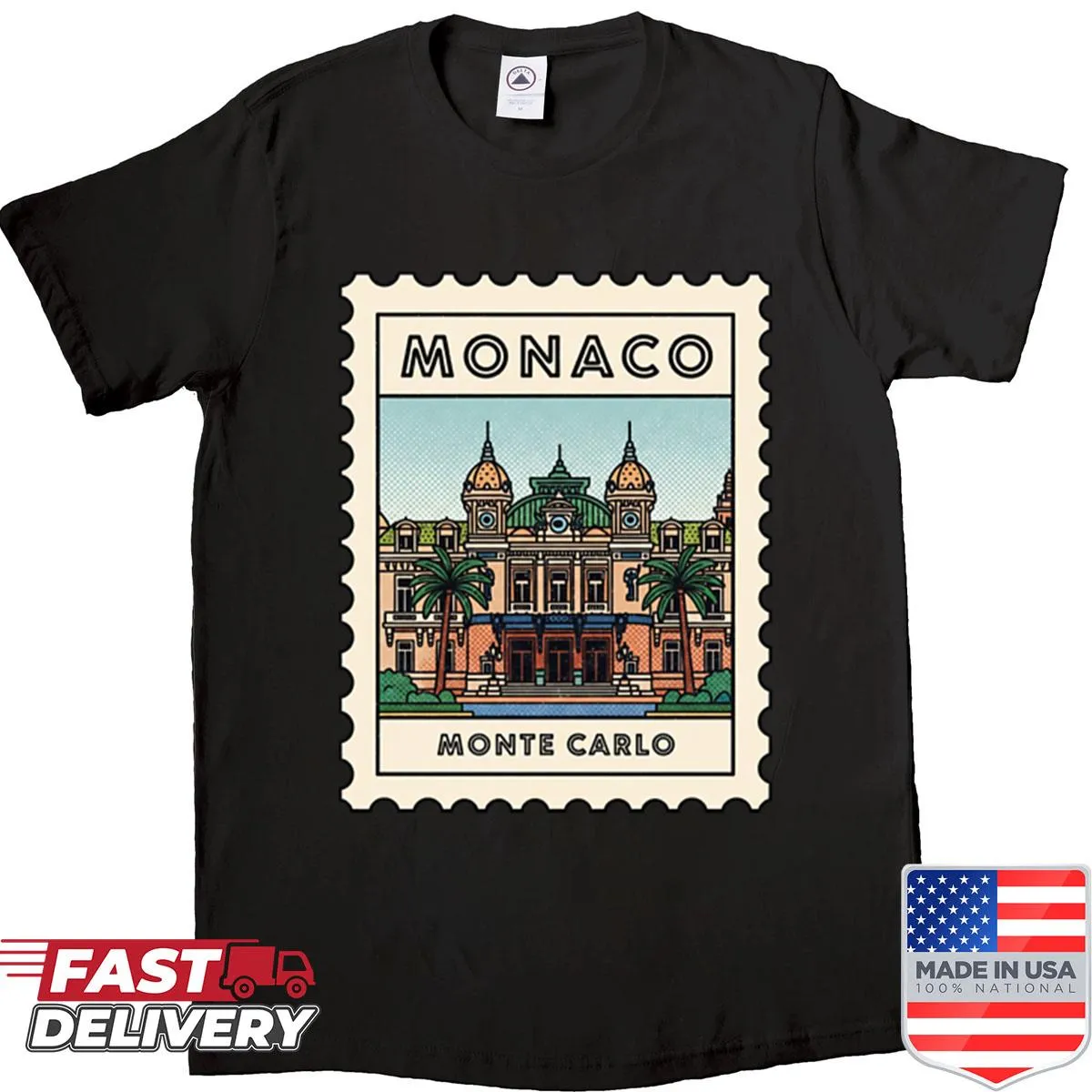 Vintage shirt with a Monte Carlo travel stamp graphic