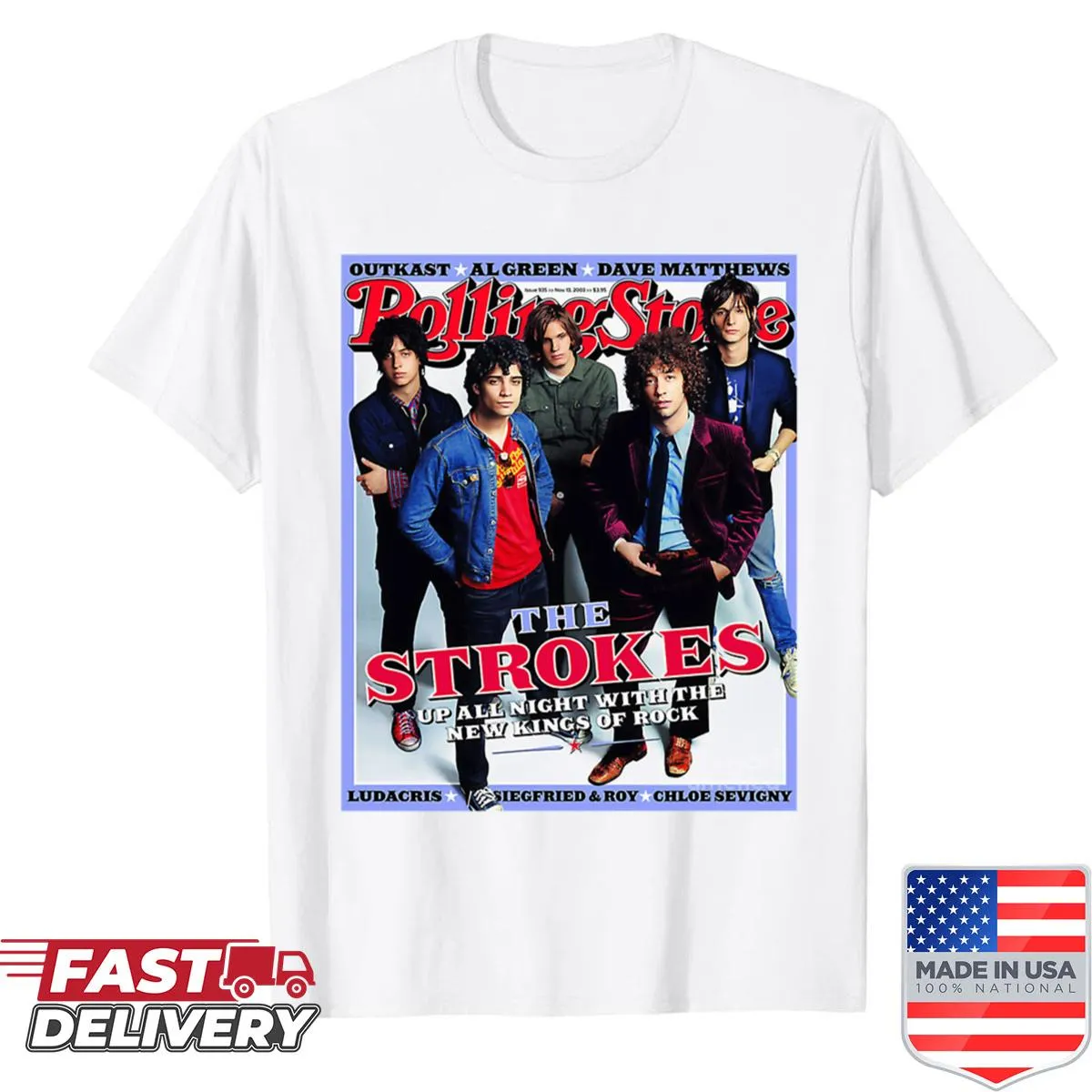 Vintage music shirt with logos of famous bands and albums