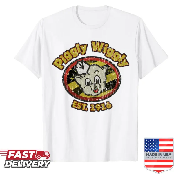 Vintage cartoon supermarket logo graphic on shirt