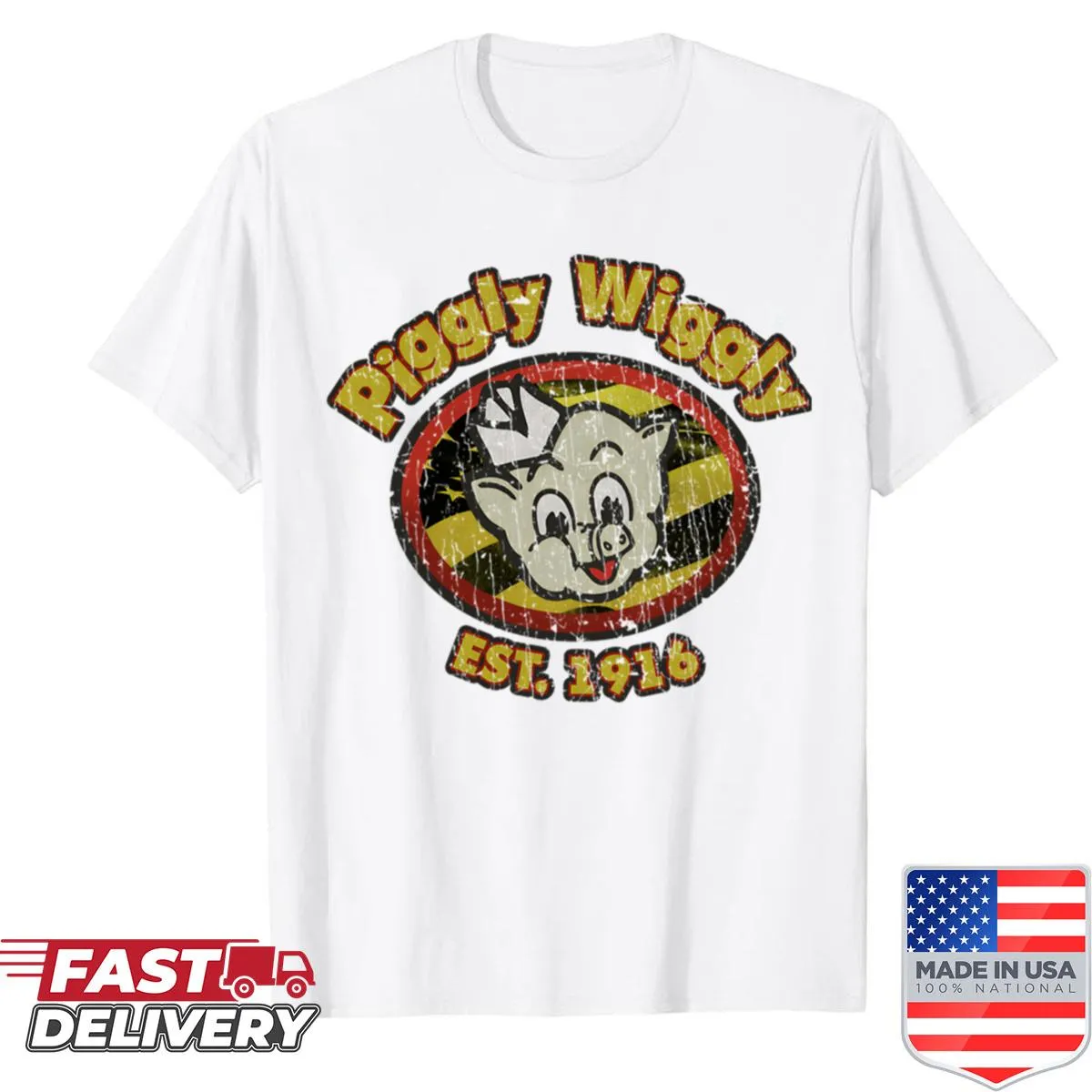 Vintage cartoon supermarket logo graphic on shirt