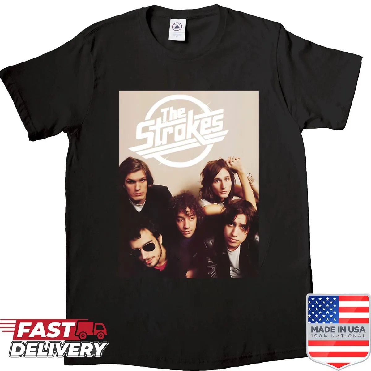 Vintage-style music shirt featuring classic band logos and album designs.