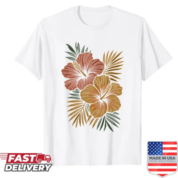 Tropical hibiscus flowers graphic on a vintage-style shirt