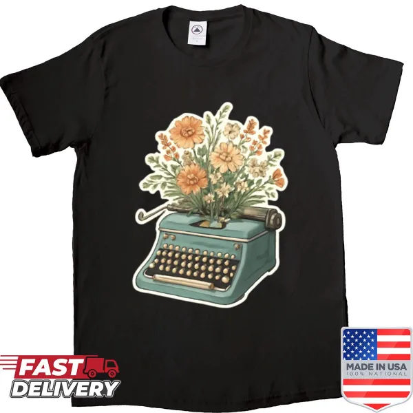 Vintage typewriter with floral bouquet design on a casual t-shirt