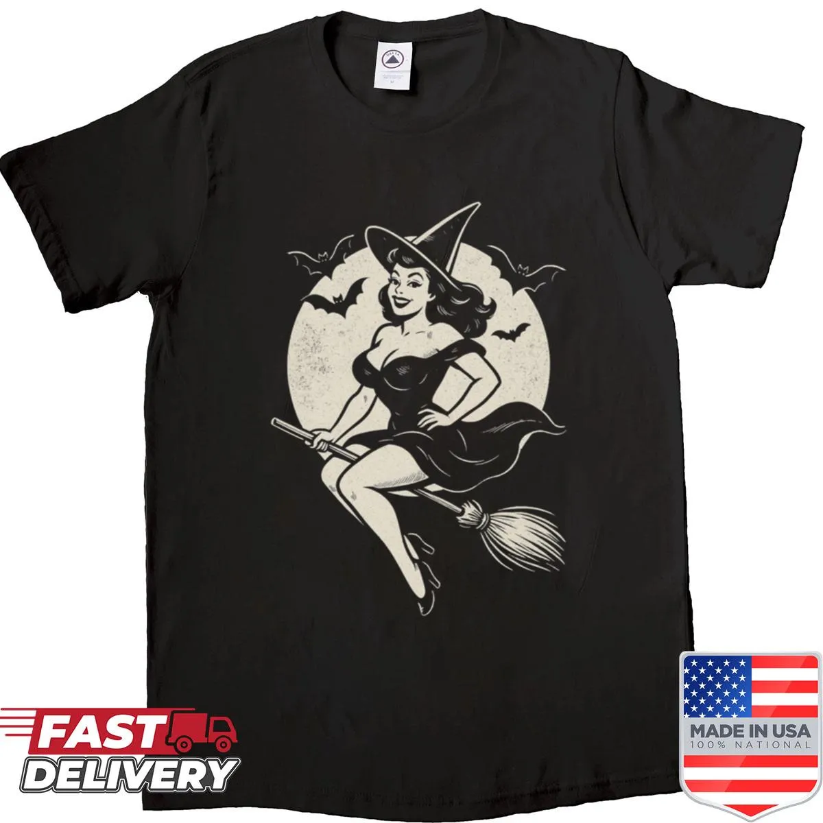 Vintage pinup witch shirt featuring a charming illustration of a witch on a broomstick