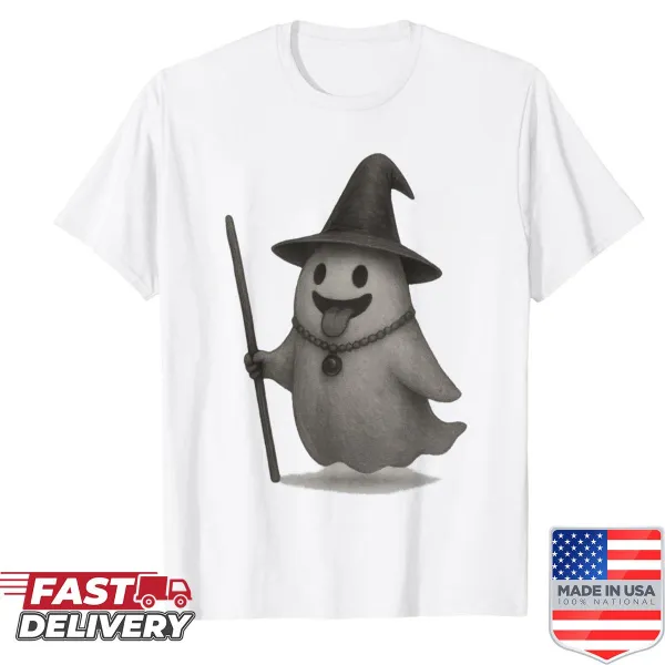 Cartoon wizard ghost graphic t-shirt for Halloween