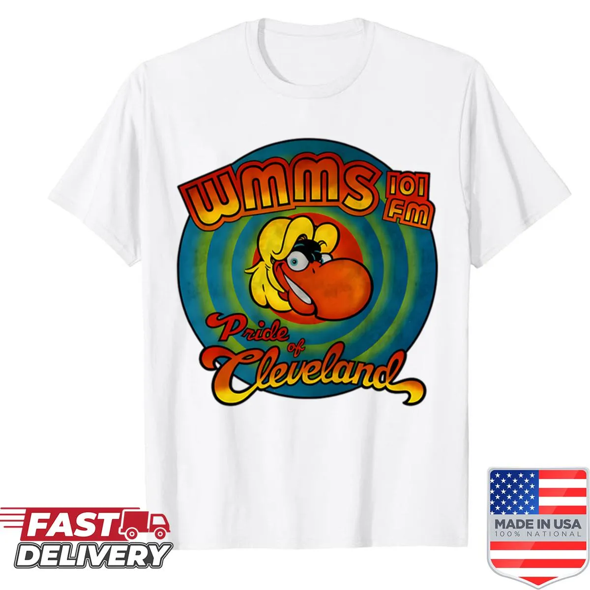 Oversized vintage shirt with 'WMMSS 101 FM' radio station logo.