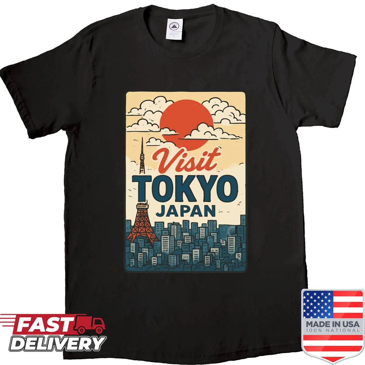 Retro T-shirt featuring design elements inspired by Tokyo, Japan