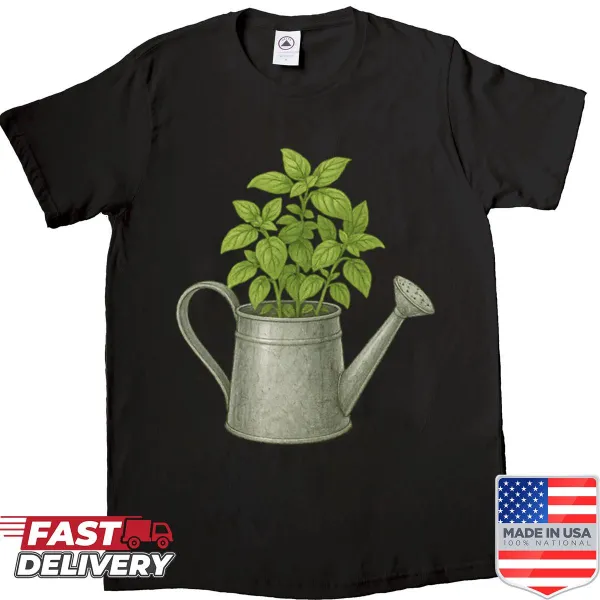 Shirt featuring a watering can and basil sprouts in a vintage tin can.
