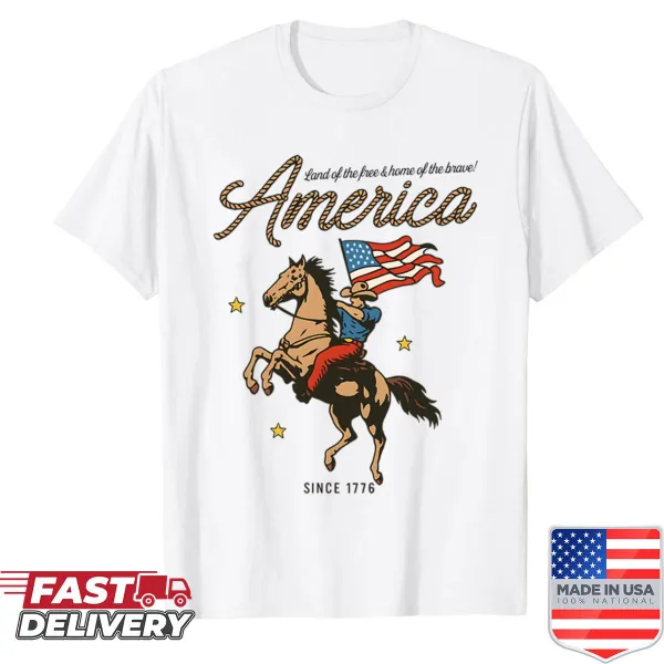 Retro cowboy waving American flag graphic t-shirt