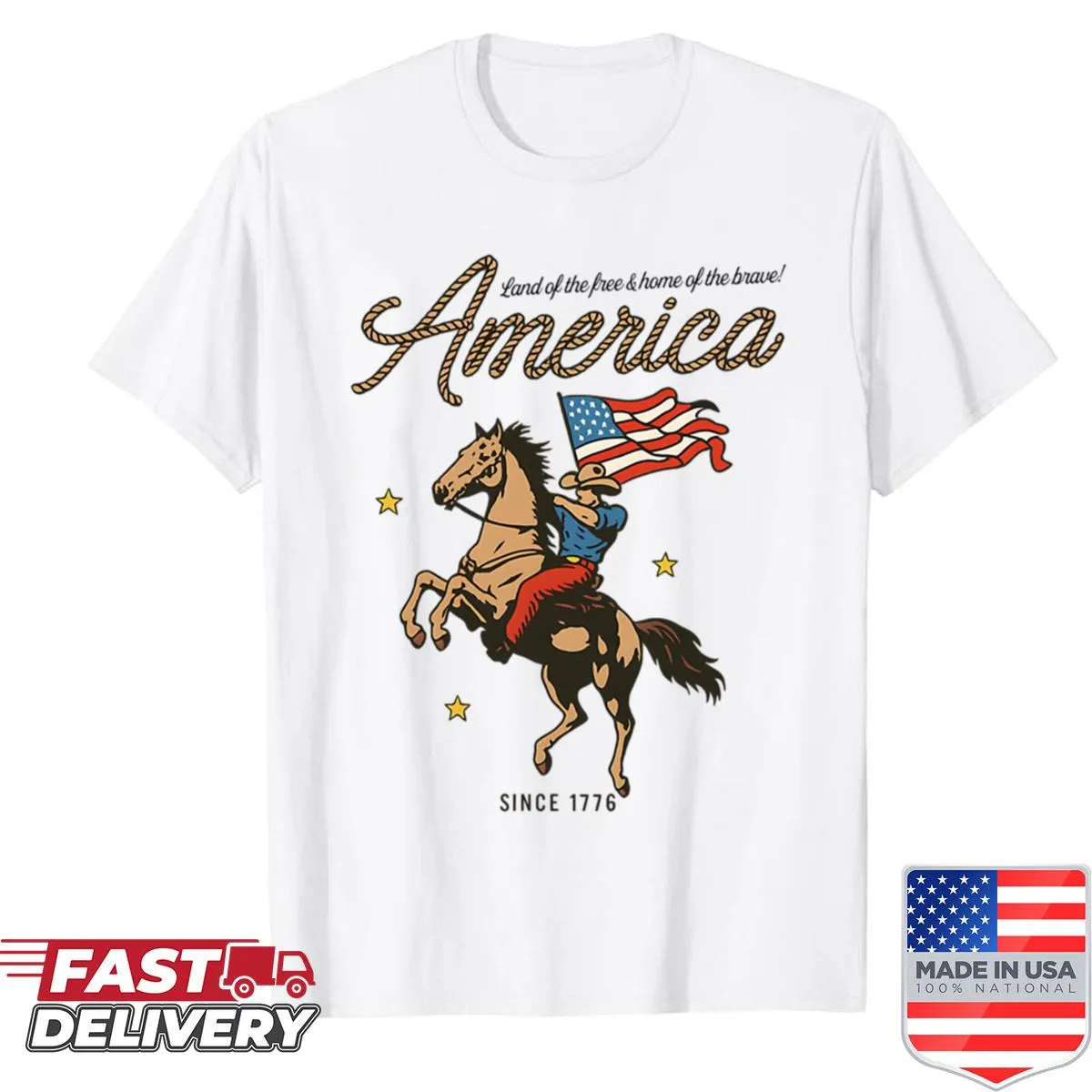 Retro cowboy waving American flag graphic t-shirt