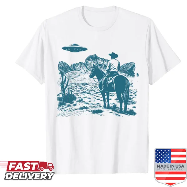 Vintage cowboy and UFO graphic on playful shirt