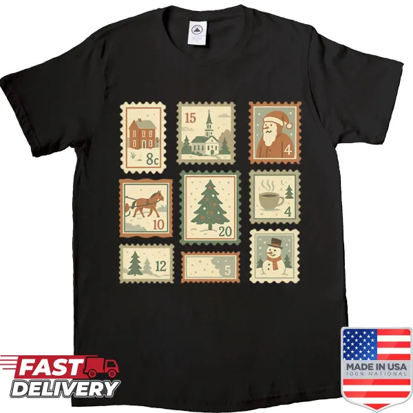 Vintage Christmas stamp collage T-shirt in distressed style