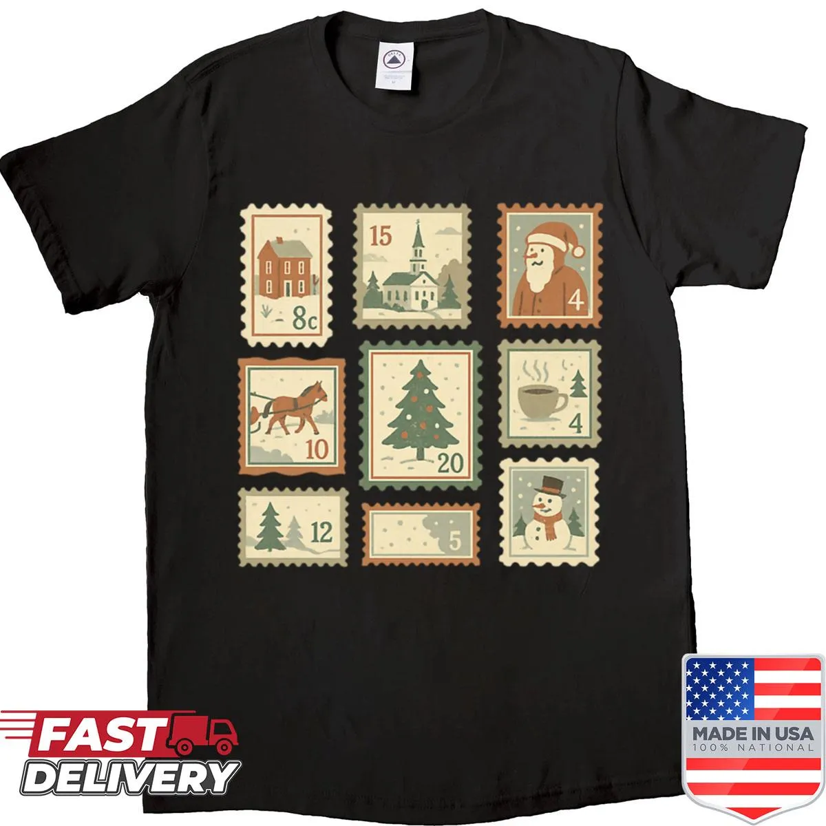 Vintage Christmas stamp collage T-shirt in distressed style