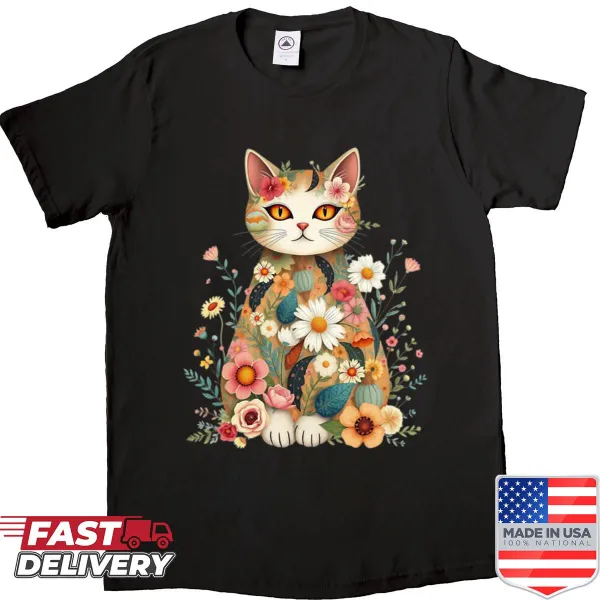 Floral cat illustration design on a boxy vintage shirt