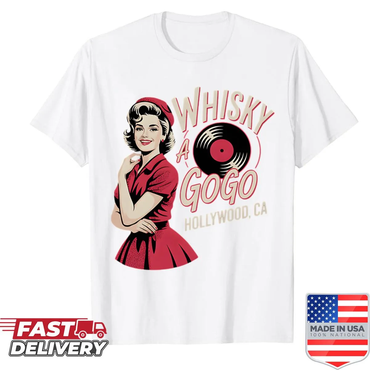 Vintage-style shirt with 'Whiskey A Go Go' print, nostalgic design.
