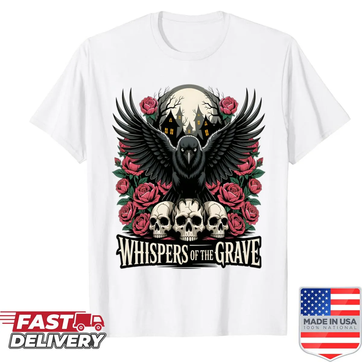 Gothic oversized shirt featuring a raven and skull illustration