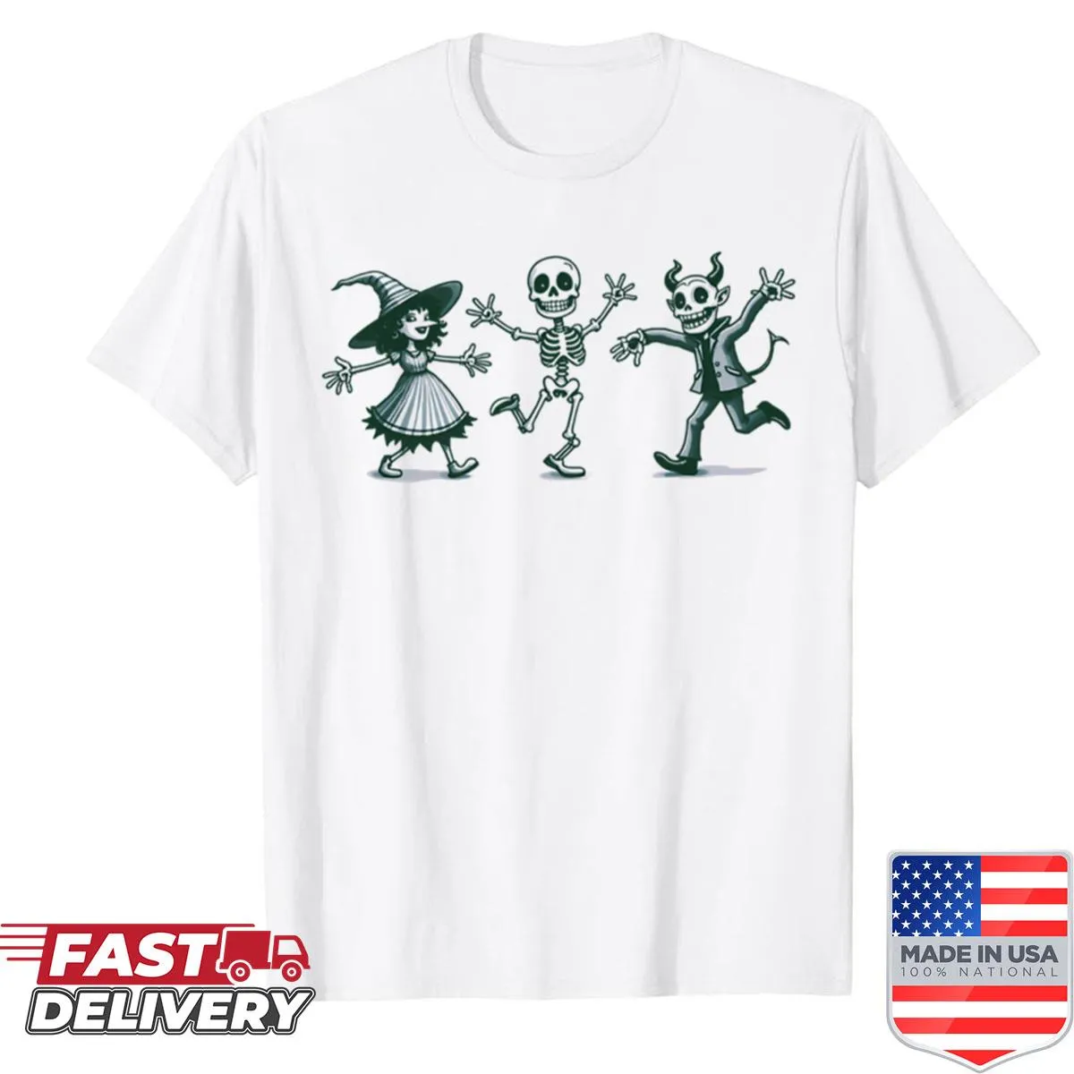 Halloween shirt with an illustration of a witch, skeleton, and devil.