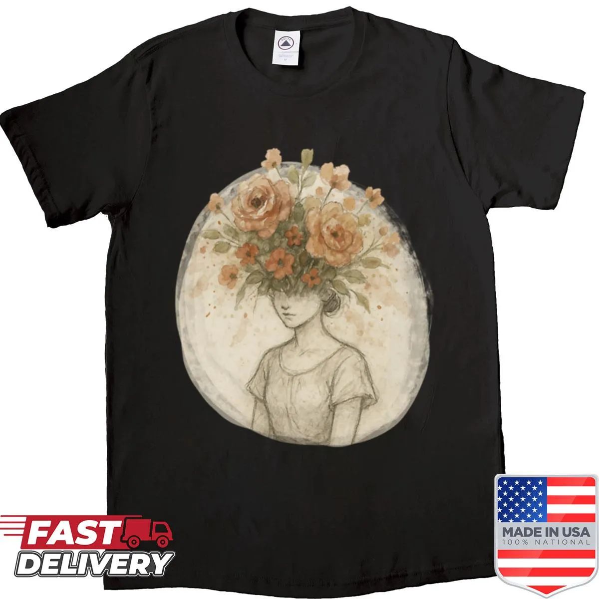 Shirt featuring a woman with a flower head illustration.