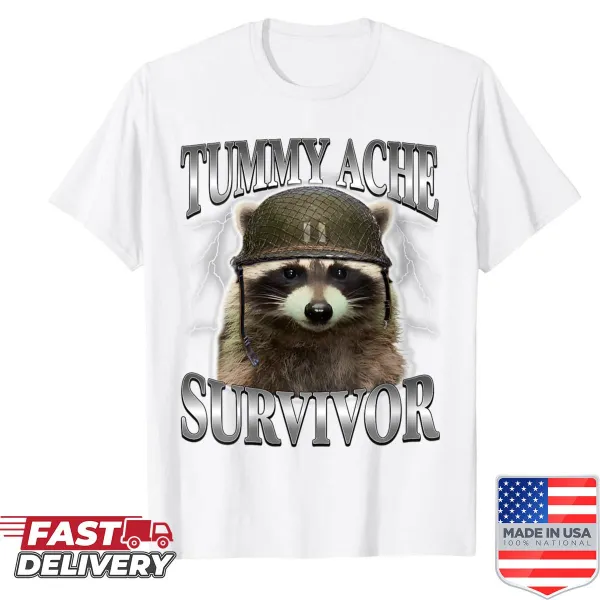 Funny saying shirt with a cartoon raccoon and 'Tummy Ache Survivor'