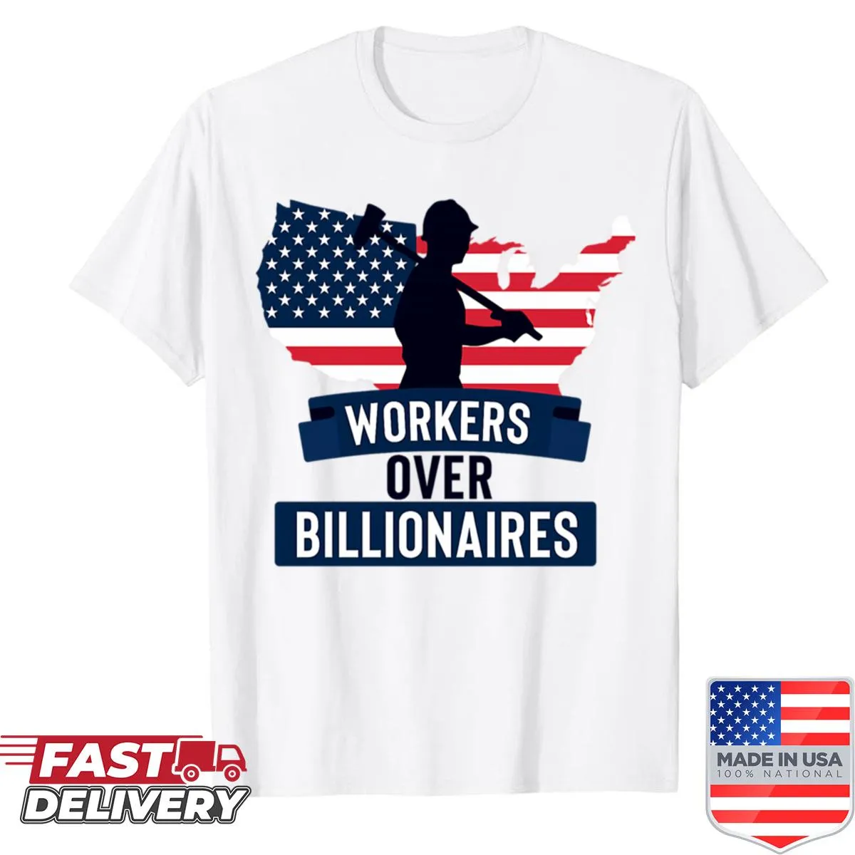 Retro typography shirt stating 'Workers Over Billionaires'