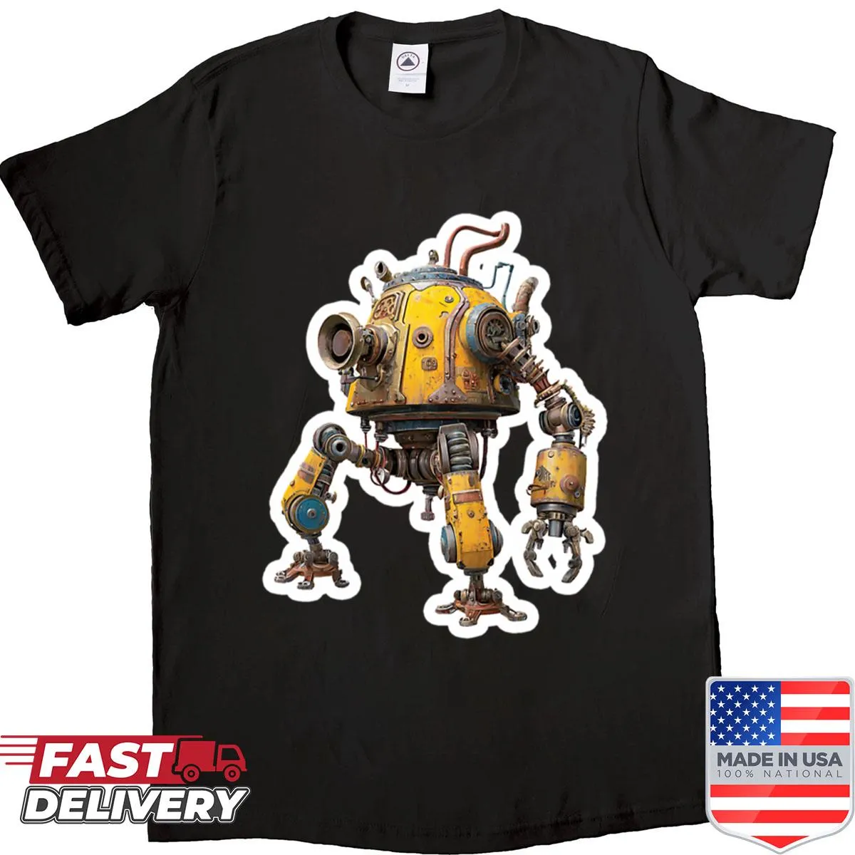 Steampunk robot shirt featuring gears and claws in sticker style
