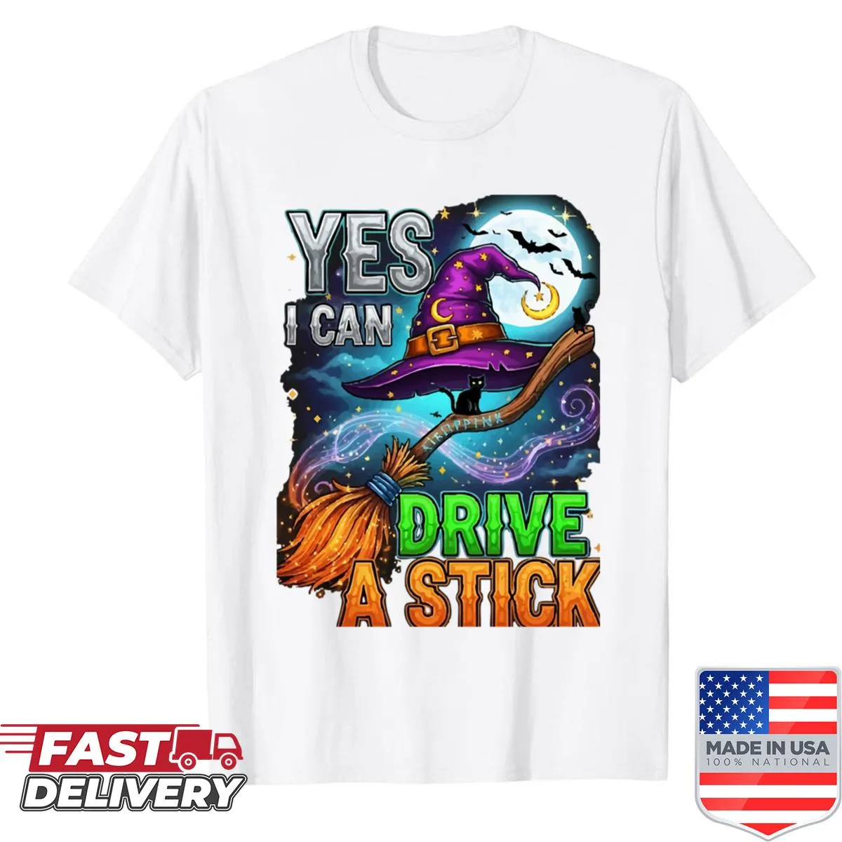 Funny Halloween shirt with a witch and text about driving a stick