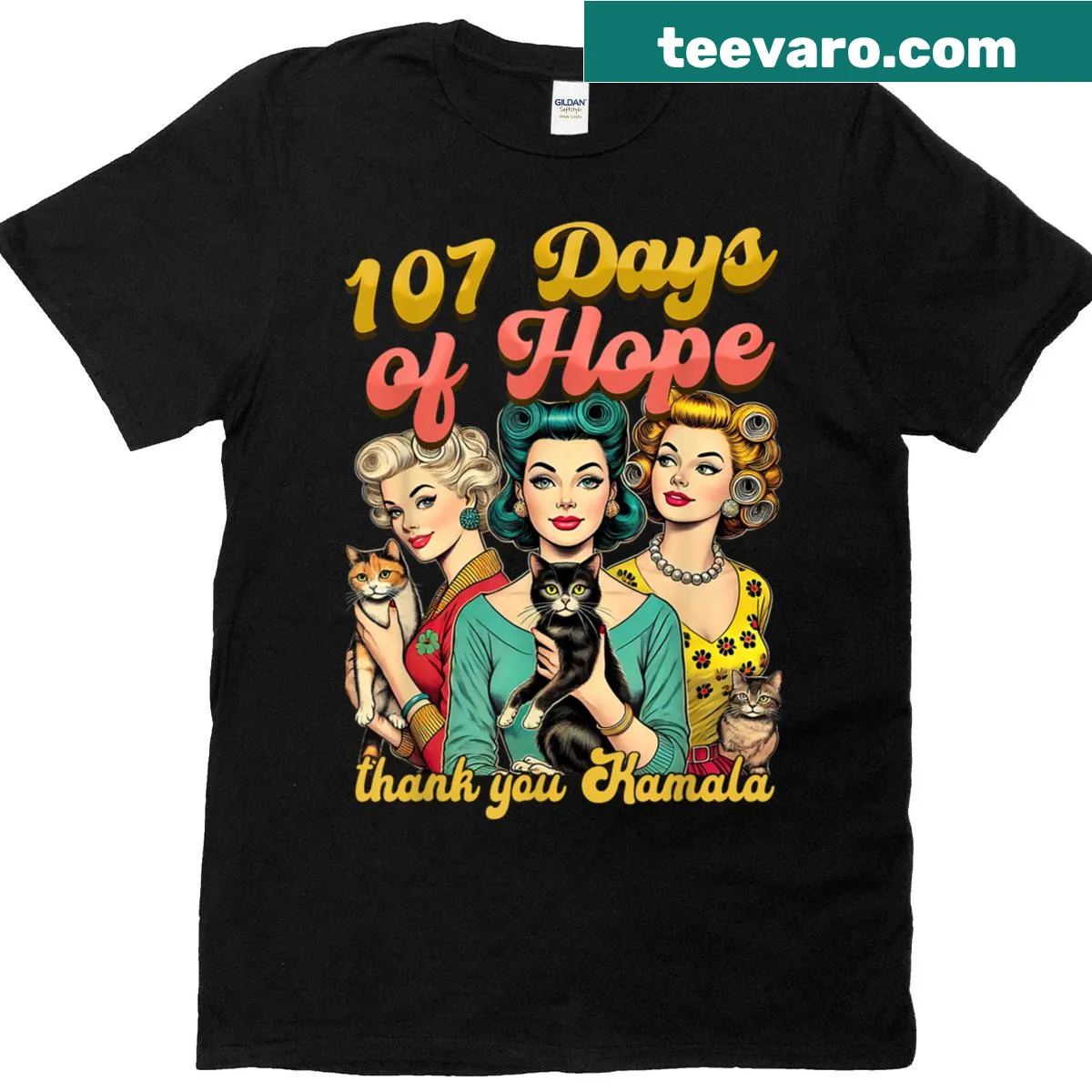 Humorous t-shirt with '107 Days Childless Cat Ladies' referencing Kamala Harris — on a men's t-shirt