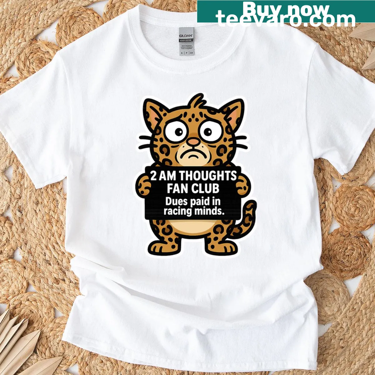 Funny insomnia cat design with text about 2 AM thoughts — on a men's t-shirt