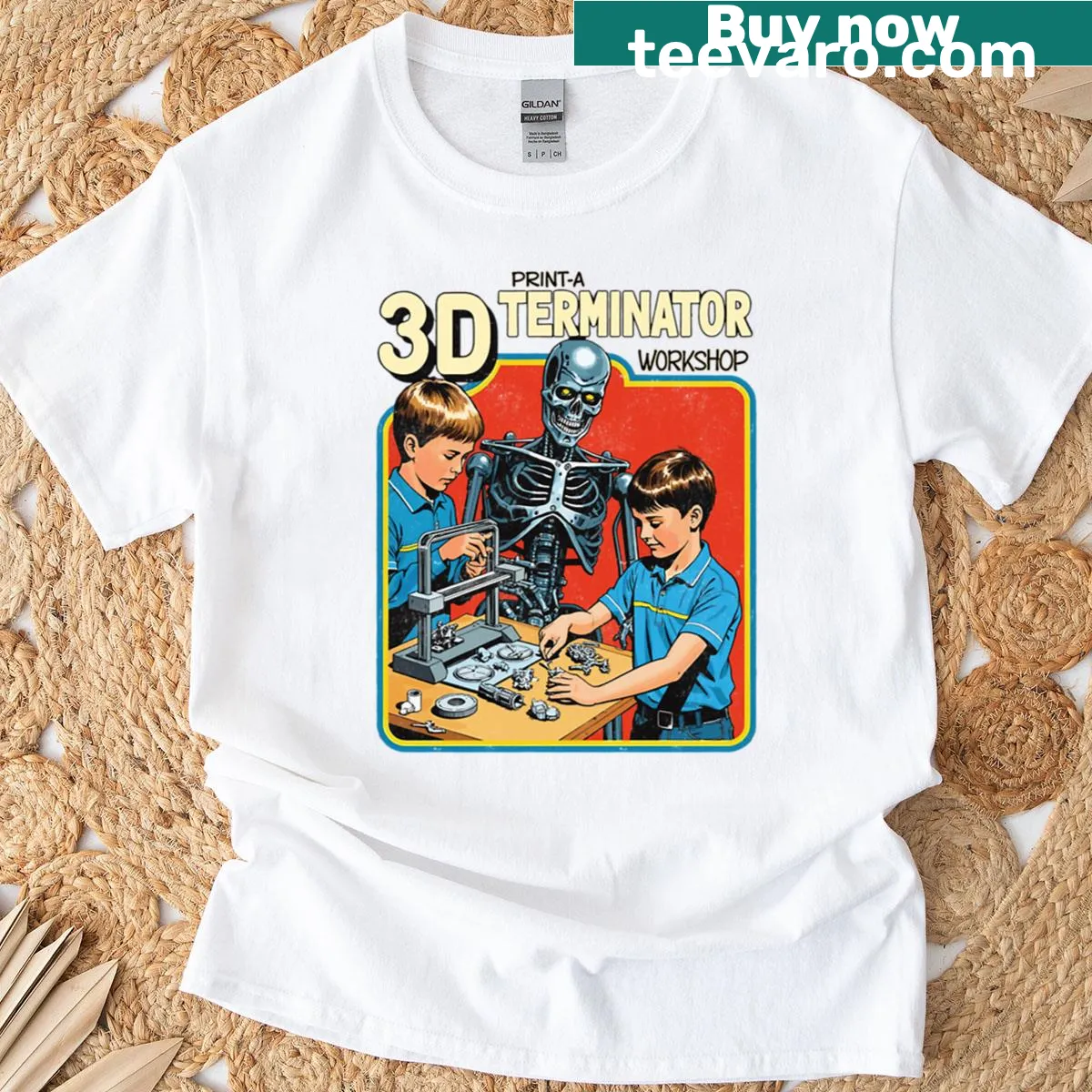 Retro terminator design T-shirt featuring 3D printing theme — on a men's t-shirt