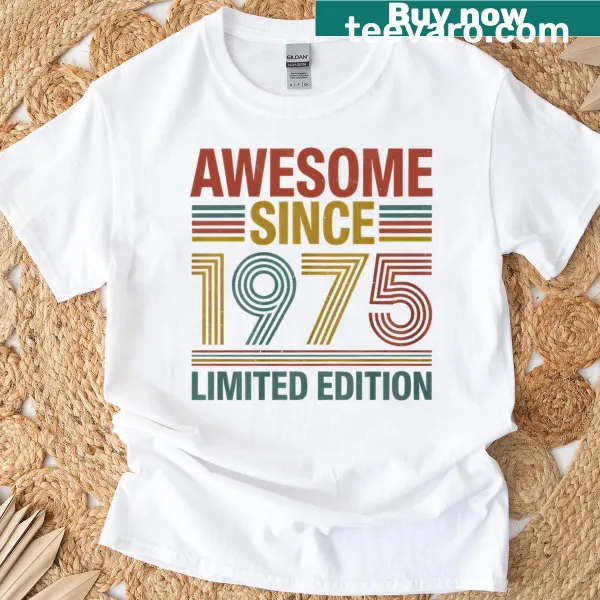 Vintage-style T-shirt celebrating 50th birthday with the phrase Awesome Since 1975