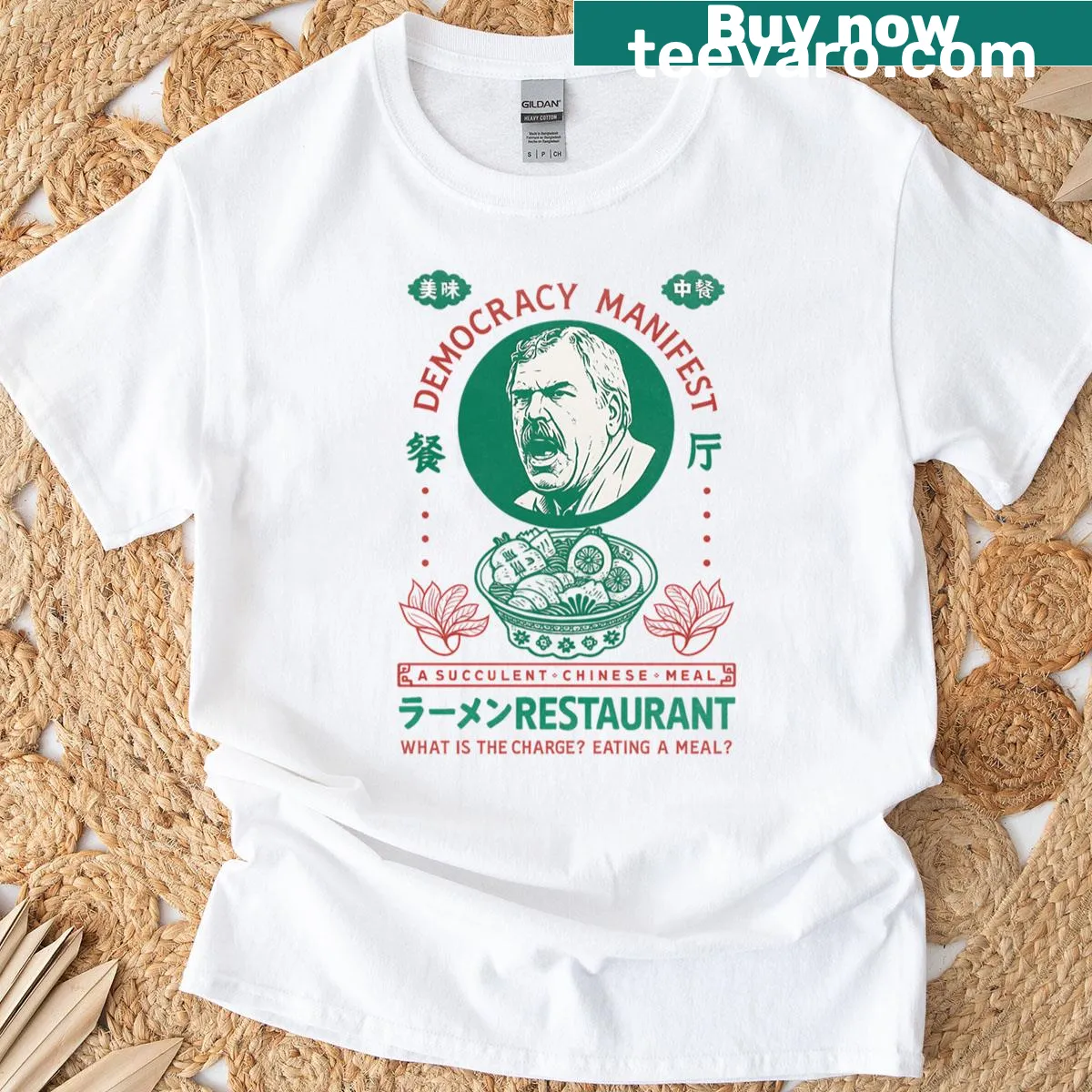 Cartoon-style T-shirt celebrating the joy of a Chinese meal — on a men's t-shirt