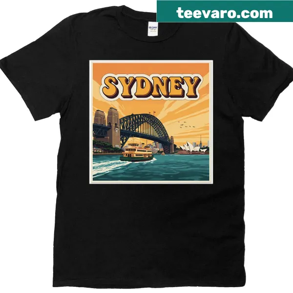 Illustrated T-shirt featuring Sydney Harbour Bridge at sunset