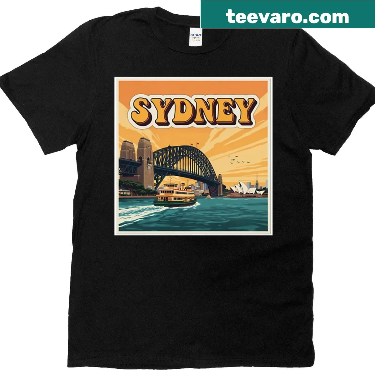 Illustrated T-shirt featuring Sydney Harbour Bridge at sunset — on a men's t-shirt