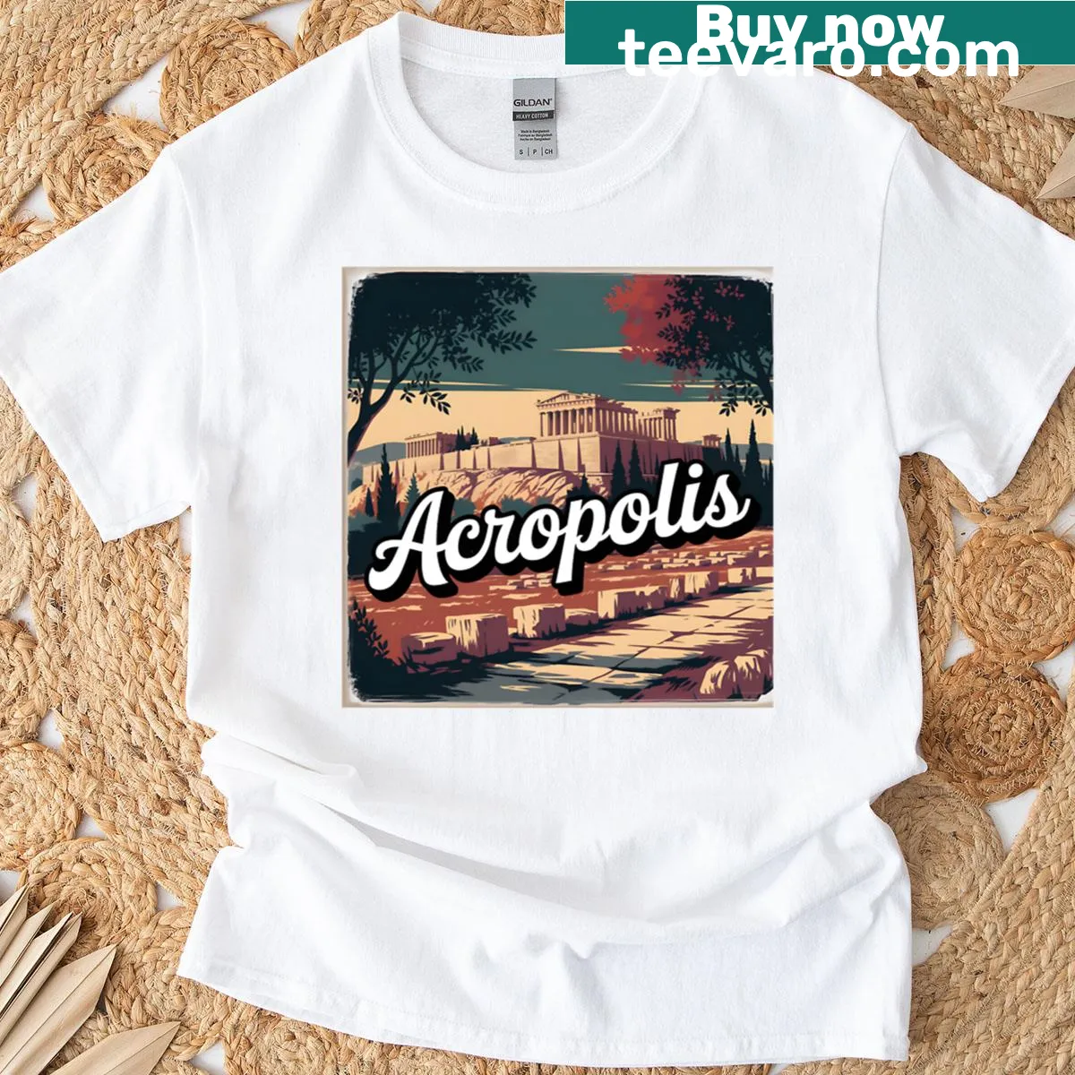 Travel poster design of Acropolis and Parthenon — on a men's t-shirt
