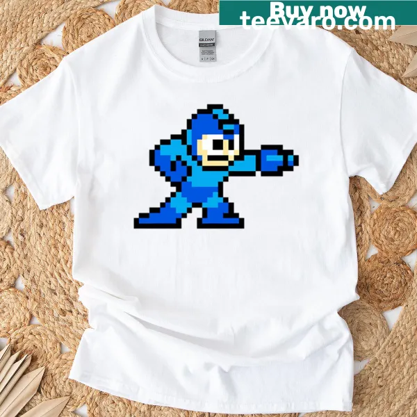 Retro arcade t-shirt featuring a shooting robot man graphic for gamers.