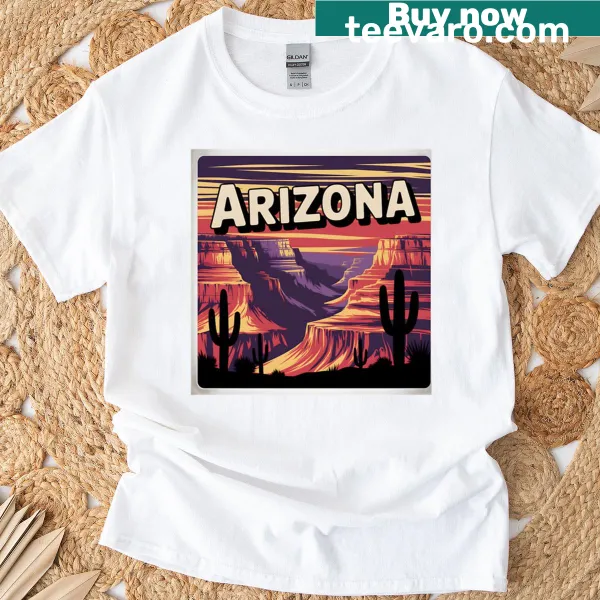 Vintage-style T-shirt featuring Arizona desert travel poster design