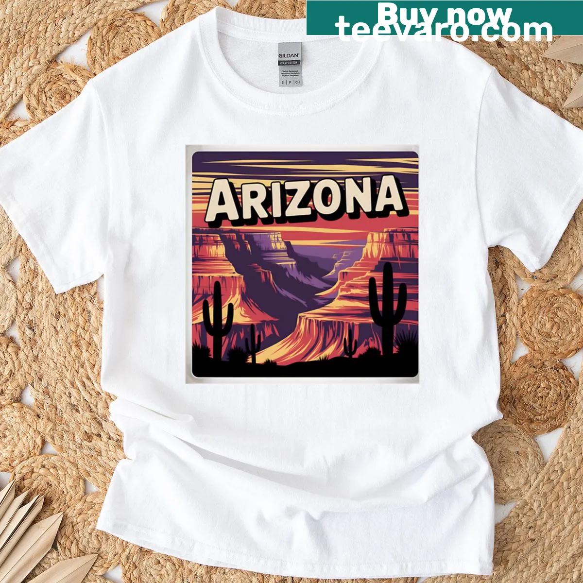 Vintage-style T-shirt featuring Arizona desert travel poster design — on a men's t-shirt