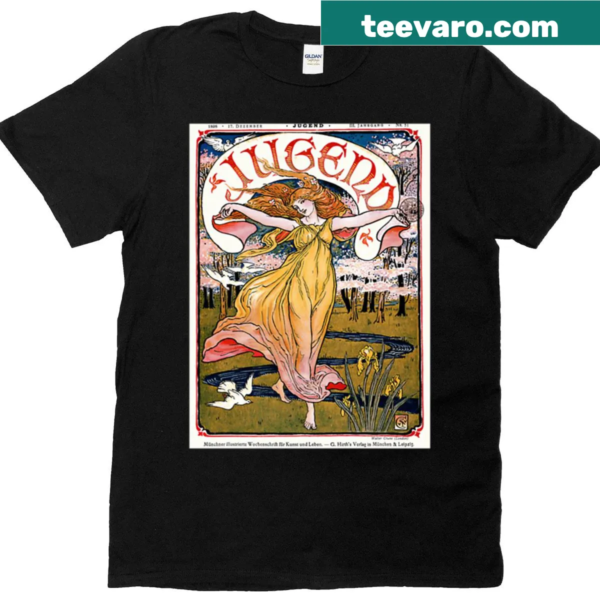 Art Nouveau T-shirt featuring an illustration by Walter Crane — on a men's t-shirt