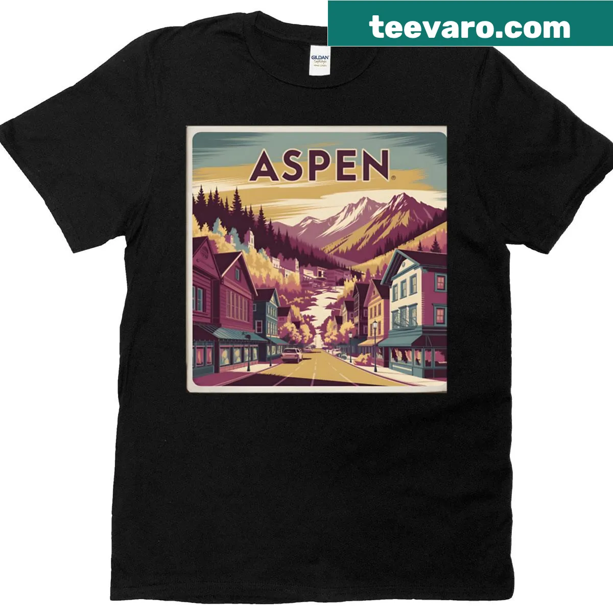 Illustrative travel poster design featuring Aspen Colorado mountains — on a men's t-shirt