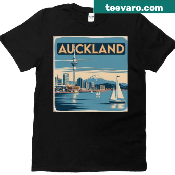 Auckland travel poster T-shirt featuring iconic city elements